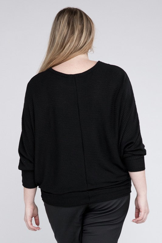 Plus Ribbed Batwing Long Sleeve Boat Neck Sweater - Zenana