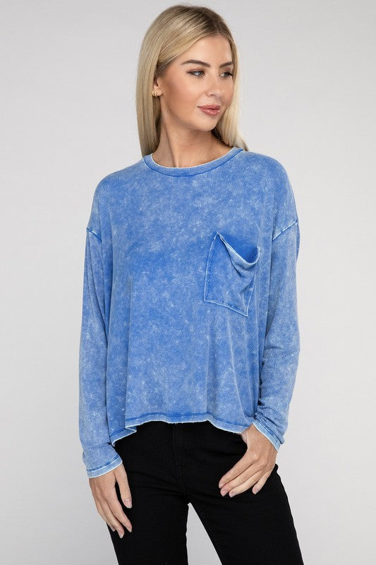 Washed Ribbed Dolman Sleeve Round Neck Top - Zenana