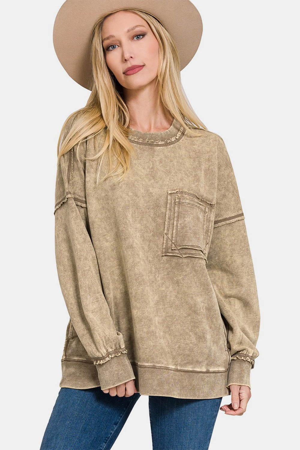 Zenana Exposed Seam Round Neck Dropped Shoulder Sweatshirt - Mocha