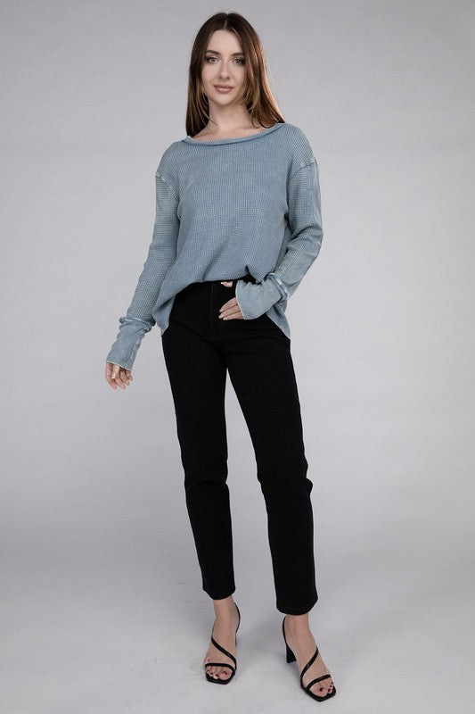 Washed Baby Waffle Long Sleeve Top - Zenana