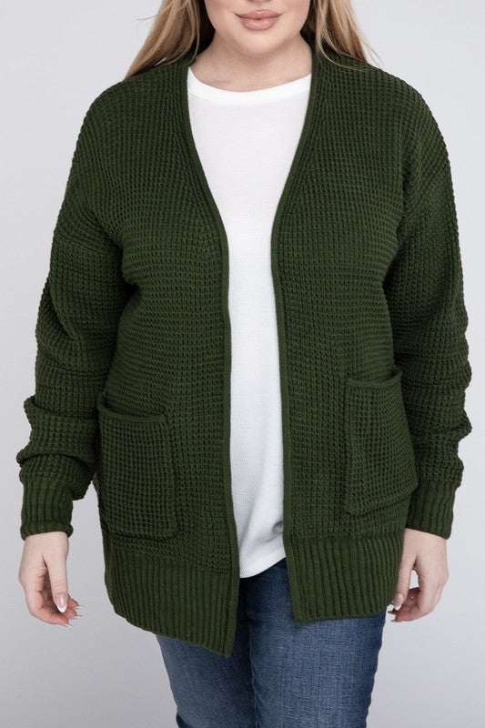 Plus Low Gauge Waffle Open Cardigan Sweater - Zenana