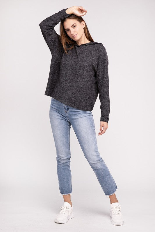 Hooded Brushed Melange Hacci Sweater - Zenana
