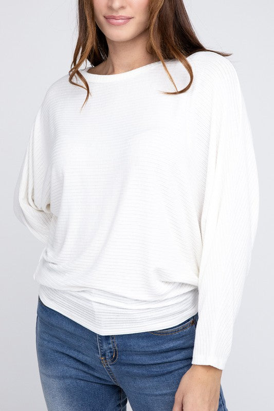 Ribbed Batwing Long Sleeve Boat Neck Sweater - Zenana