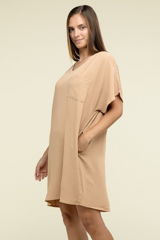 Woven Airflow V Neck T-Shirt Dress with Pockets - Zenana
