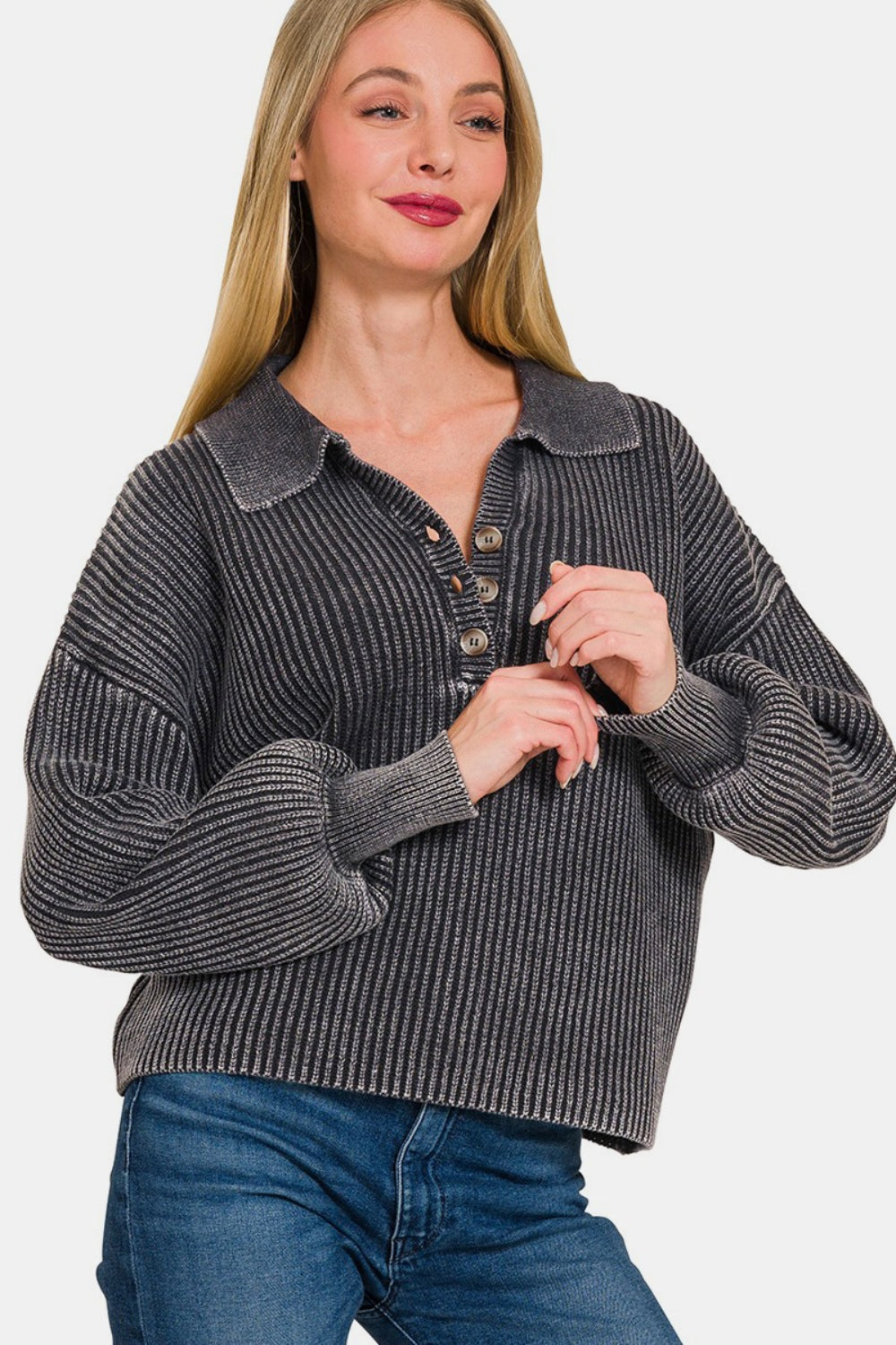 Zenana Washed Half Button Long Sleeve Sweater - Black