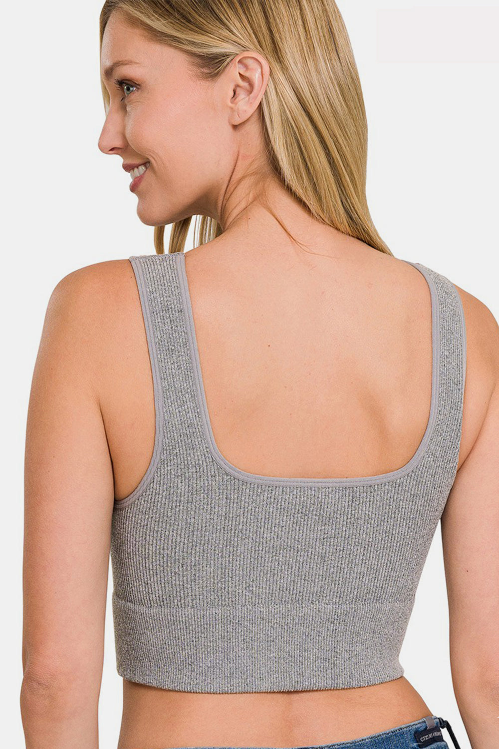Zenana Ribbed Square Neck Cropped Tank - H. Grey