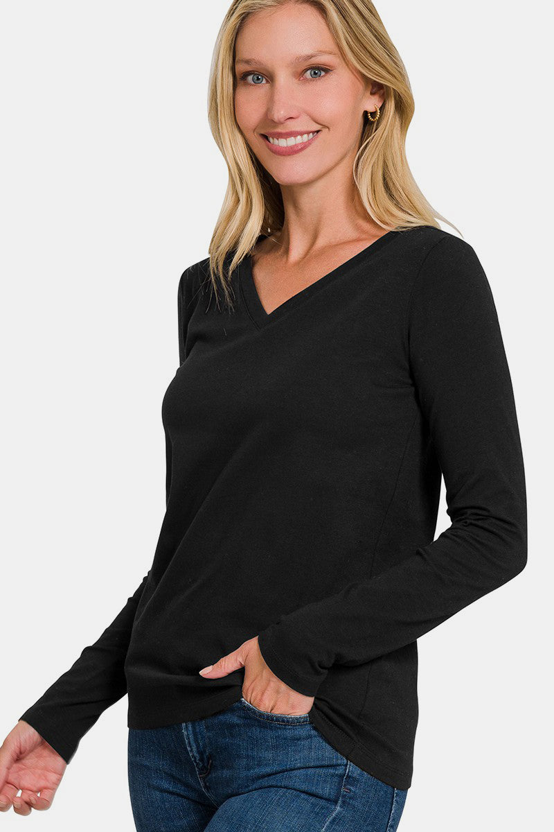 Zenana Full Size V-Neck Long Sleeve T-Shirt - Black