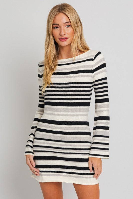 Boat Neck Bell Sleeve Sweater Dress - Le Lis