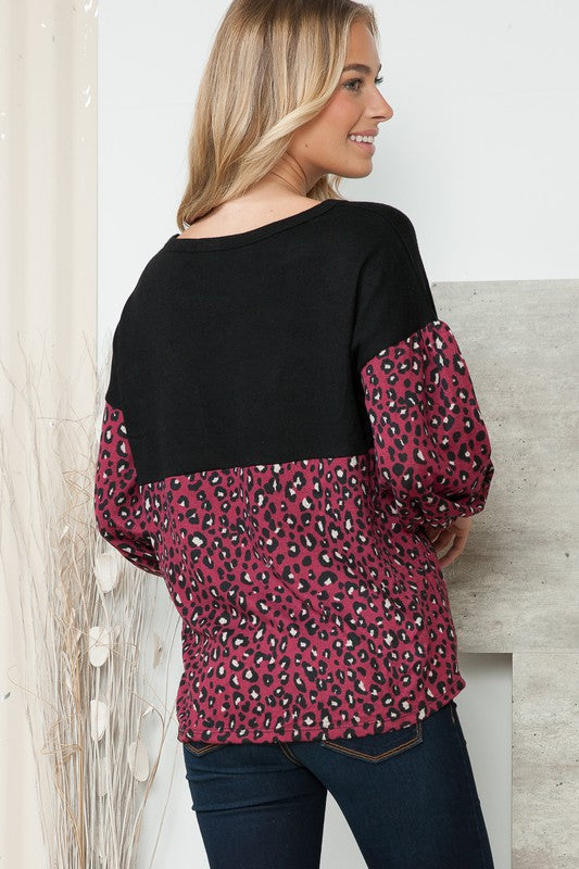 Leopard Print Contrasted Balloon Sleeve Sweater - Orange Farm Clothing