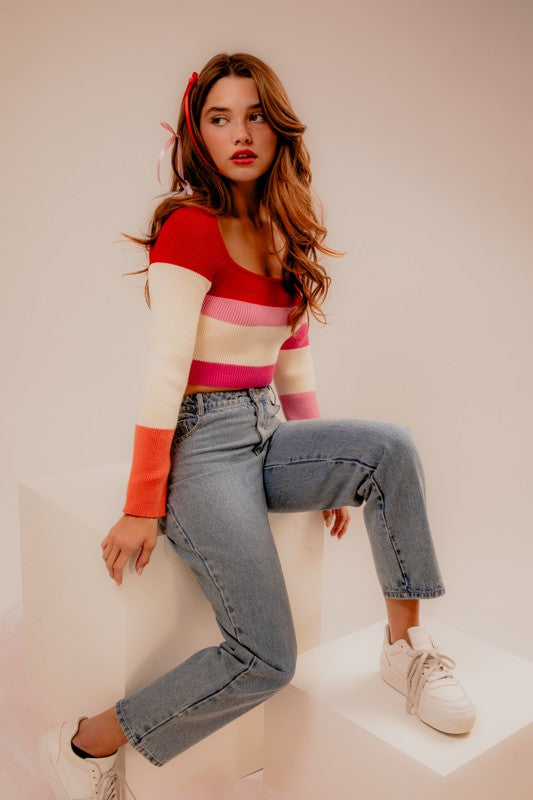 Long Sleeve Color Block Stripe Knit Top - LE LIS