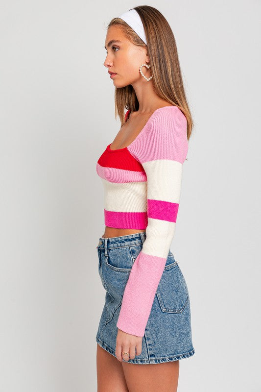 Long Sleeve Color Block Stripe Knit Top - LE LIS