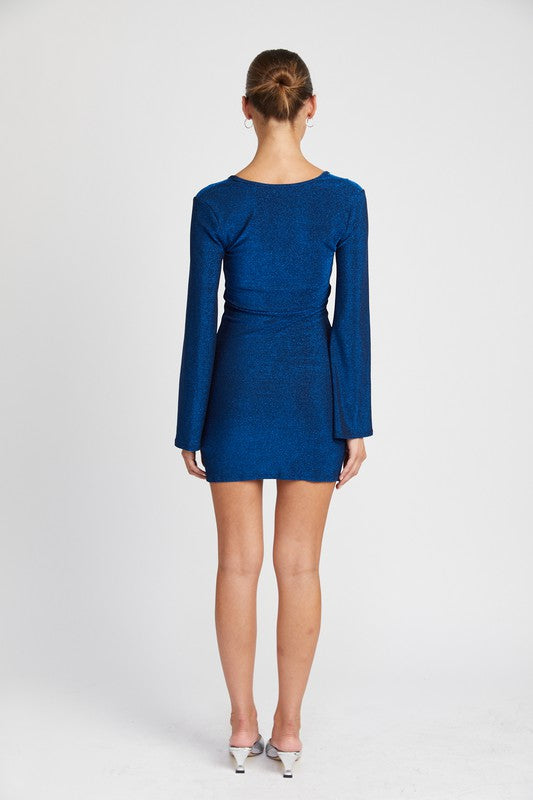 Glitter Long Sleeve Mini Dress With Front Keyhole