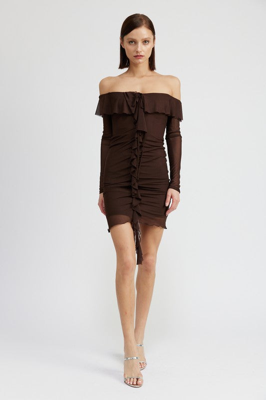 Off Shoulder Mini Dress With Ruffle Detail - Emory Park