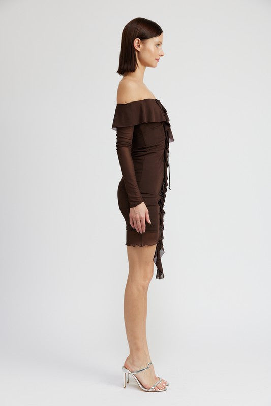 Off Shoulder Mini Dress With Ruffle Detail - Emory Park