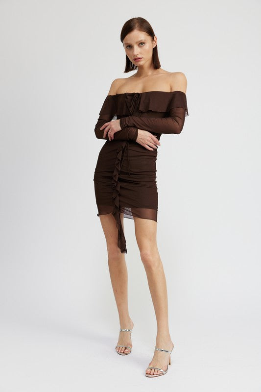 Off Shoulder Mini Dress With Ruffle Detail - Emory Park