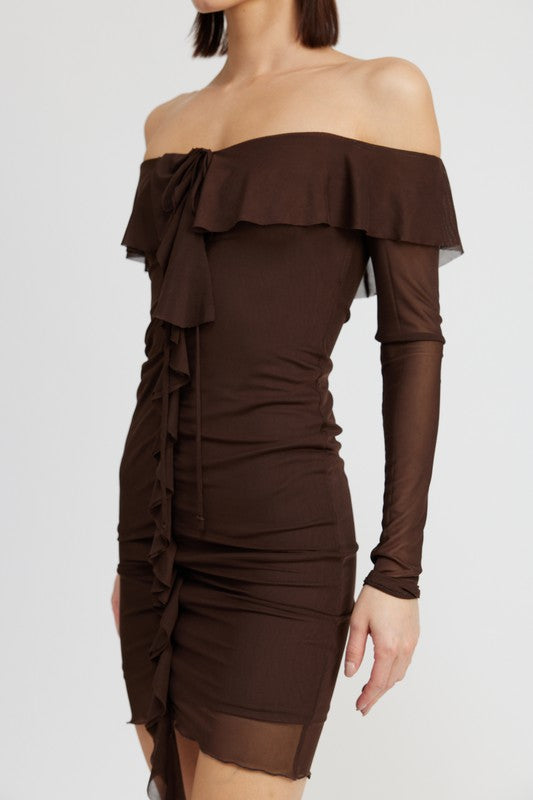 Off Shoulder Mini Dress With Ruffle Detail - Emory Park