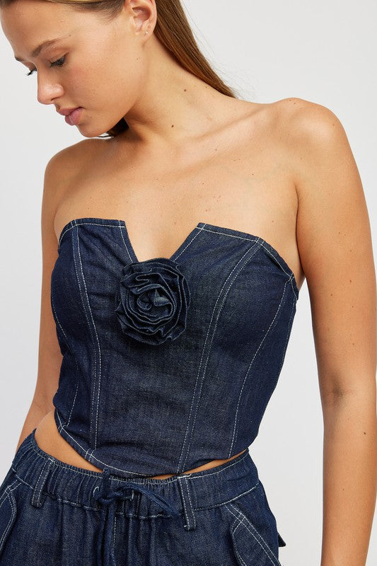 Denim Corset Tube Top With Rosette Detail - Emory Park