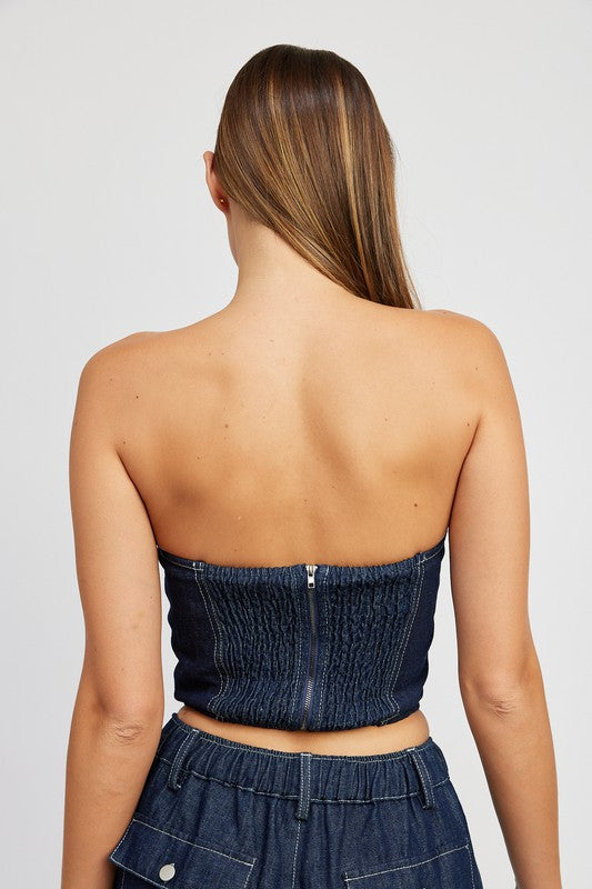 Denim Corset Tube Top With Rosette Detail - Emory Park