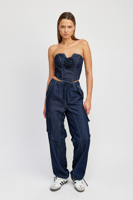 Denim Corset Tube Top With Rosette Detail - Emory Park