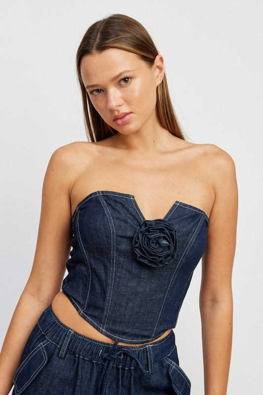 Denim Corset Tube Top With Rosette Detail - Emory Park