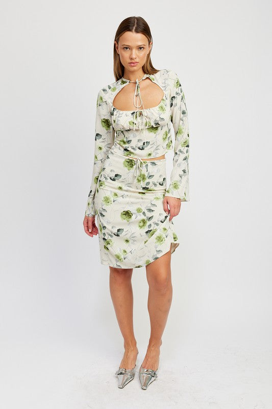 Floral Midi Skirt With Front Drawstring - Emory Park