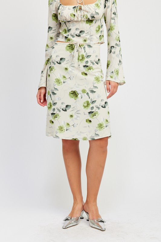 Floral Midi Skirt With Front Drawstring - Emory Park
