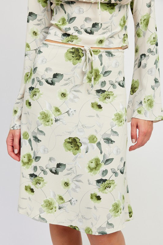 Floral Midi Skirt With Front Drawstring - Emory Park
