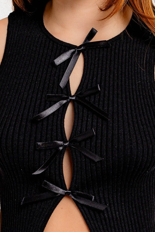 Satin Bow Detail Sleeveless Sweater Top - Le Lis