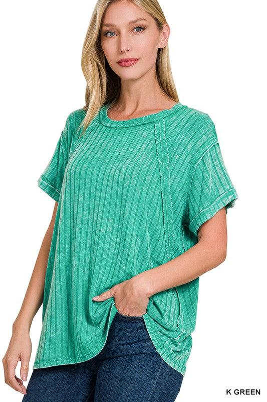 Ribbed Raglan Dolman Sleeve Boat-Neck Top - Zenana