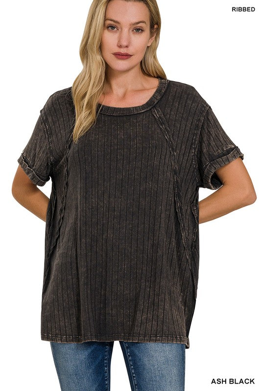 Ribbed Raglan Dolman Sleeve Boat-Neck Top - Zenana