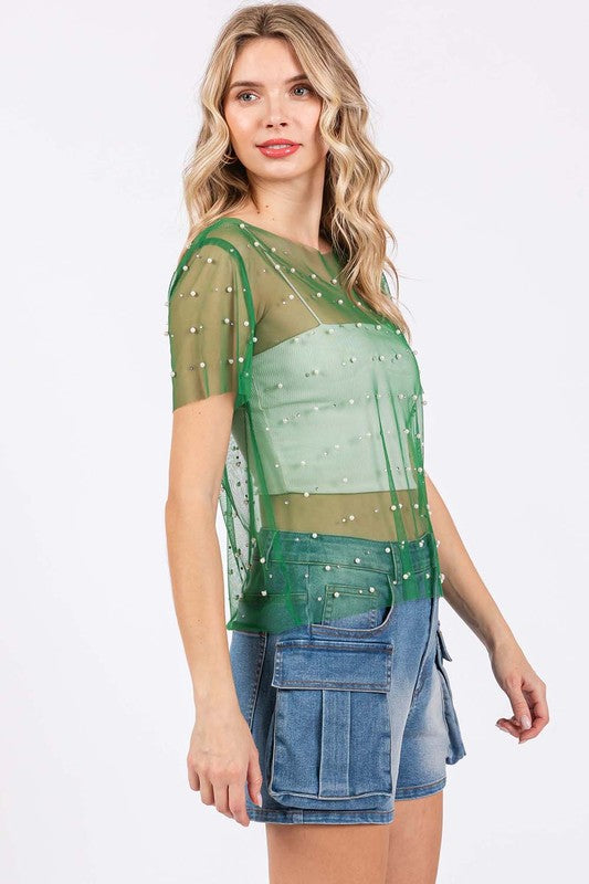 Plus Rhinestone & Pearl Mesh Top - GeeGee