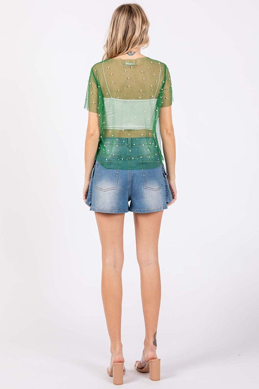Plus Rhinestone & Pearl Mesh Top - GeeGee