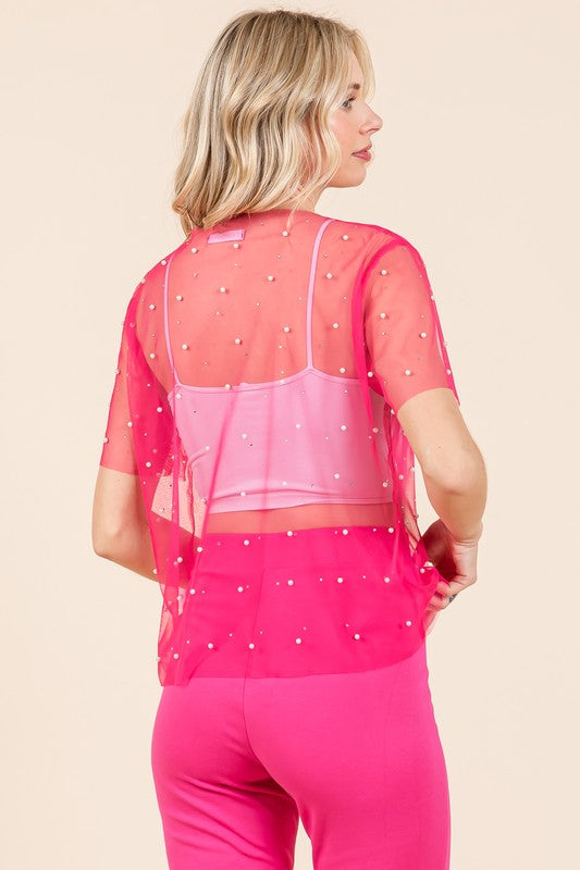 Rhinestone & Pearl Mesh Top - GeeGee