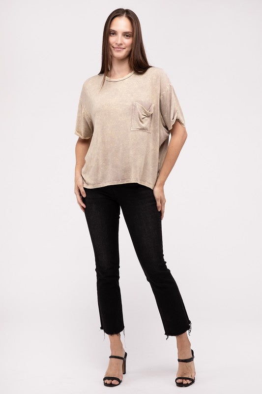 Washed Ribbed Cuffed Short Sleeve Round Neck Top - Zenana