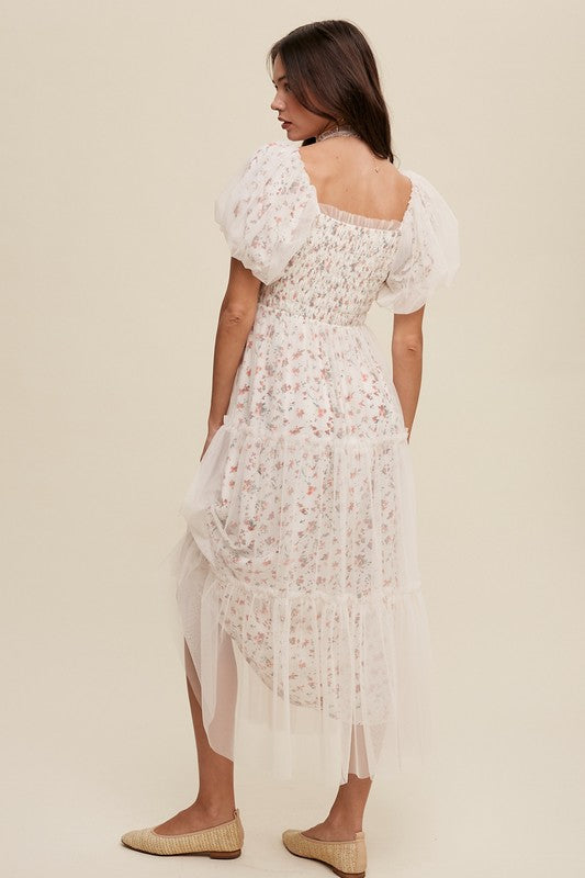 Floral Print and Mesh Puff Sleeve Maxi Dress - Listicle