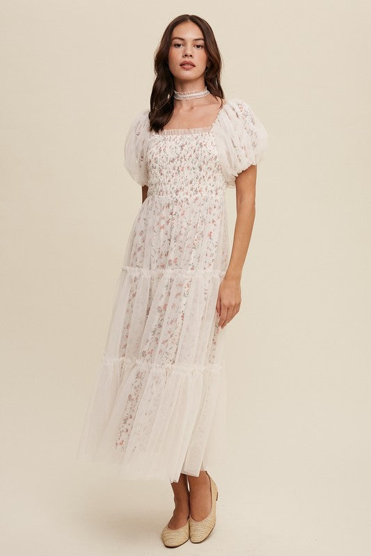 Floral Print and Mesh Puff Sleeve Maxi Dress - Listicle