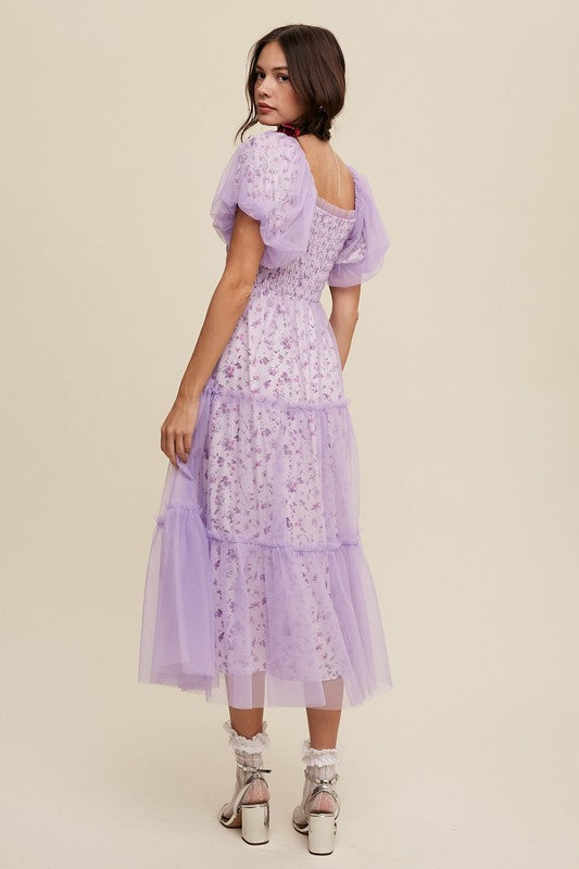 Floral Print and Mesh Puff Sleeve Maxi Dress - Listicle