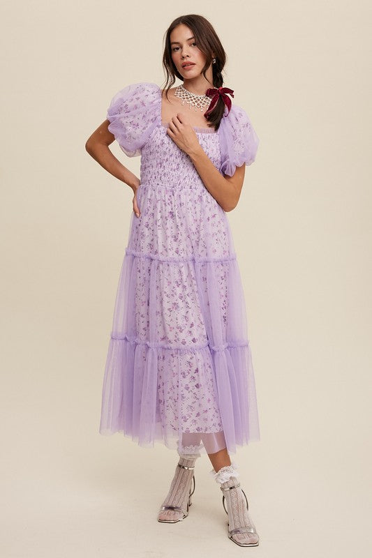 Floral Print and Mesh Puff Sleeve Maxi Dress - Listicle