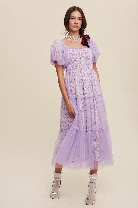 Floral Print and Mesh Puff Sleeve Maxi Dress - Listicle