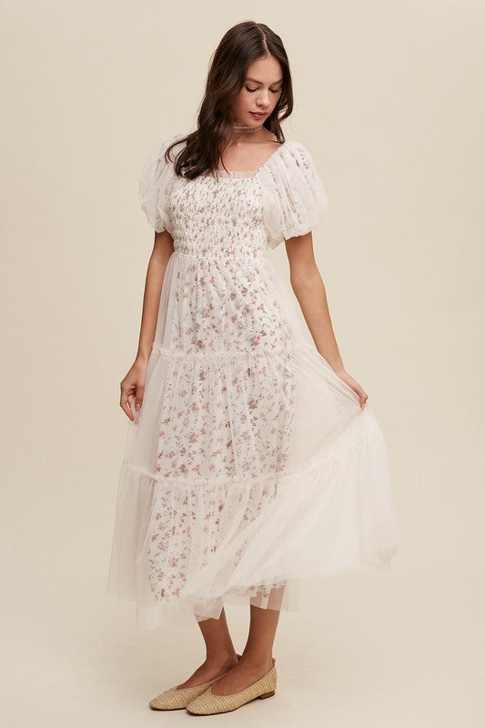 Floral Print and Mesh Puff Sleeve Maxi Dress - Listicle