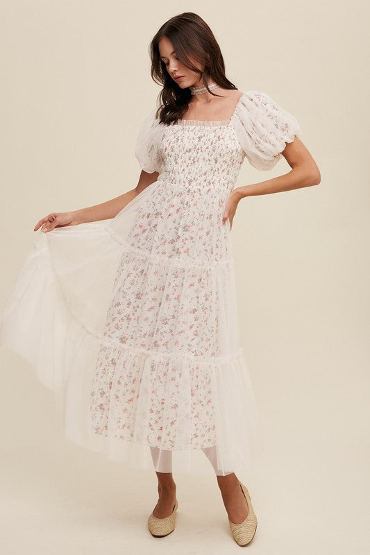 Floral Print and Mesh Puff Sleeve Maxi Dress - Listicle
