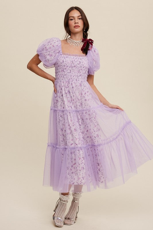 Floral Print and Mesh Puff Sleeve Maxi Dress - Listicle