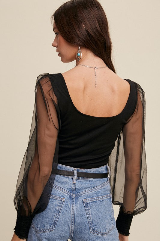 Square Neck Mesh Puff Sleeve Knit Top - Listicle