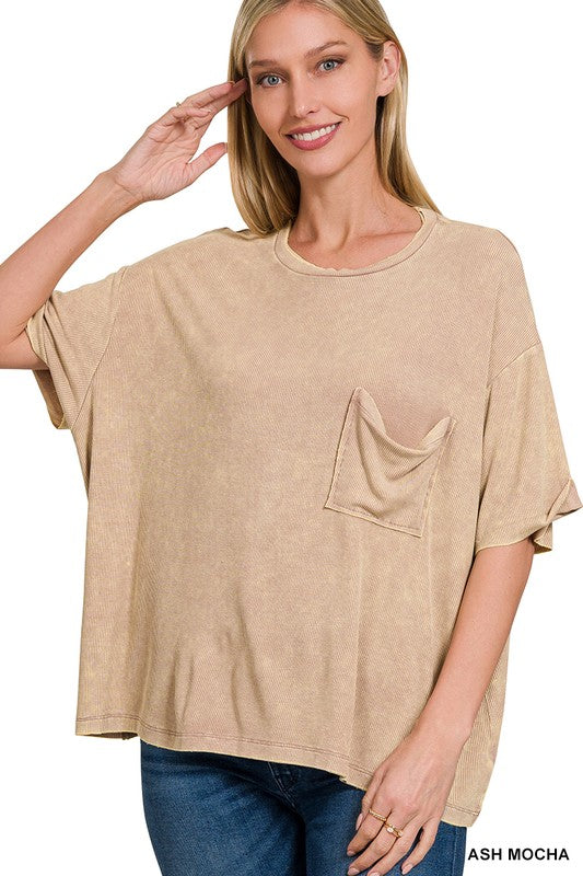 Washed Ribbed Cuffed Short Sleeve Round Neck Top - Zenana