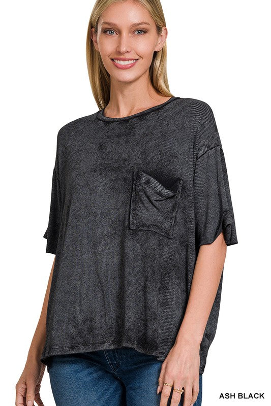 Washed Ribbed Cuffed Short Sleeve Round Neck Top - Zenana