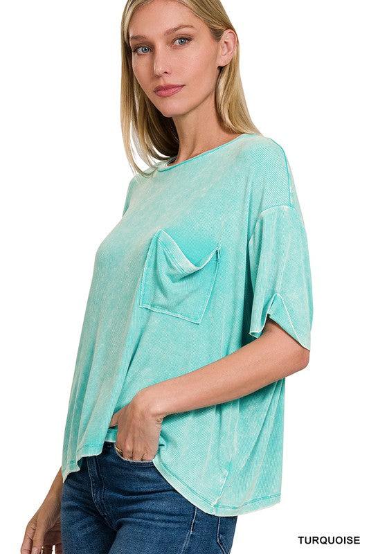 Washed Ribbed Cuffed Short Sleeve Round Neck Top - Zenana