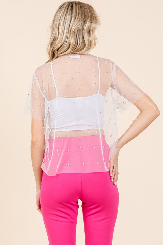 Plus Rhinestone & Pearl Mesh Top - GeeGee