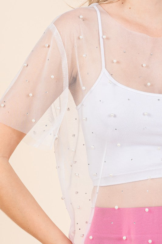 Plus Rhinestone & Pearl Mesh Top - GeeGee