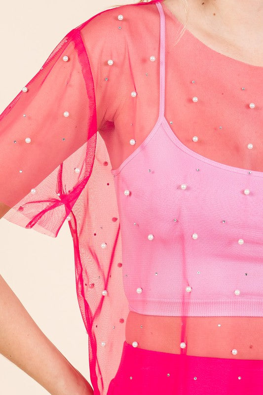 Plus Rhinestone & Pearl Mesh Top - GeeGee