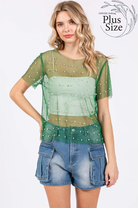 Plus Rhinestone & Pearl Mesh Top - GeeGee